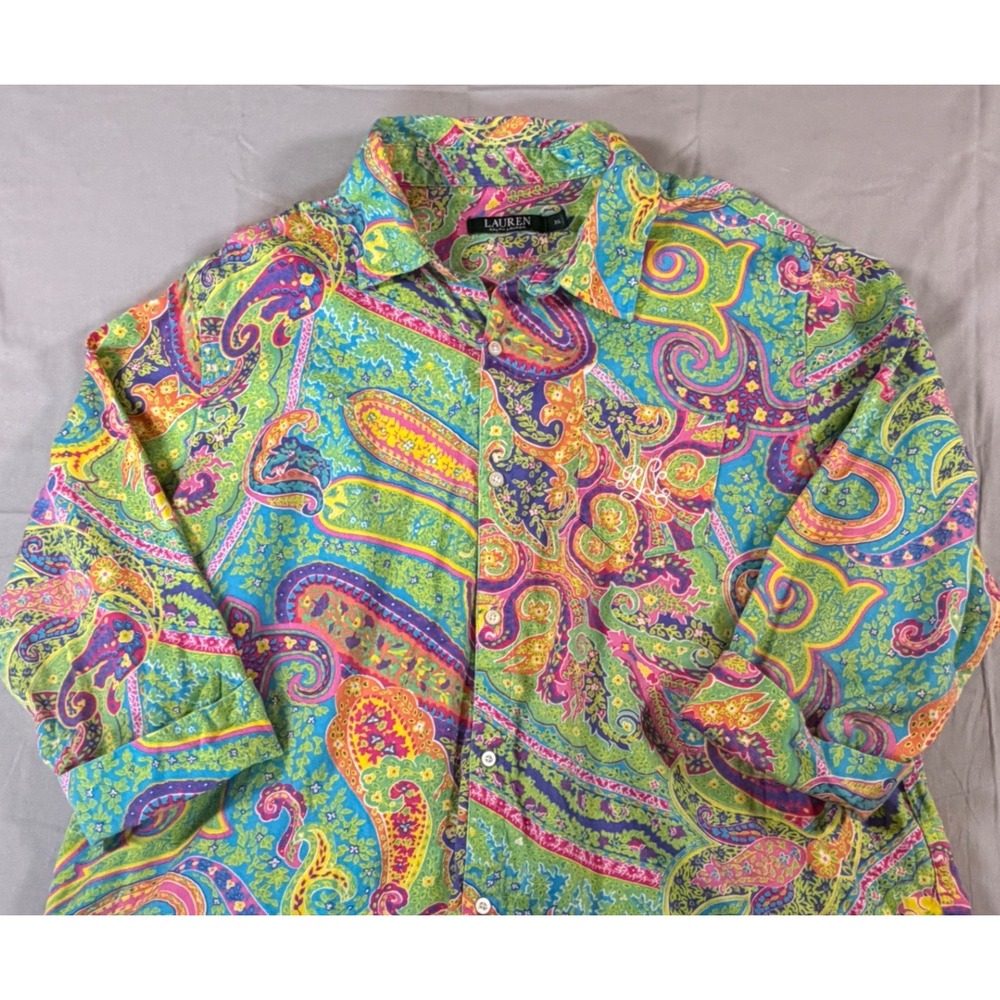 Lauren Ralph Lauren Paisley Button Down Shirt XL Multi Color Cotton Monogram - Picture 4 of 12